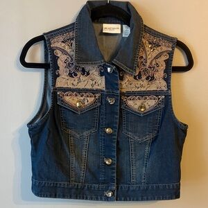 Chico's Platinum Denim Vest Top Country Western Lace Cottage Core Size 0